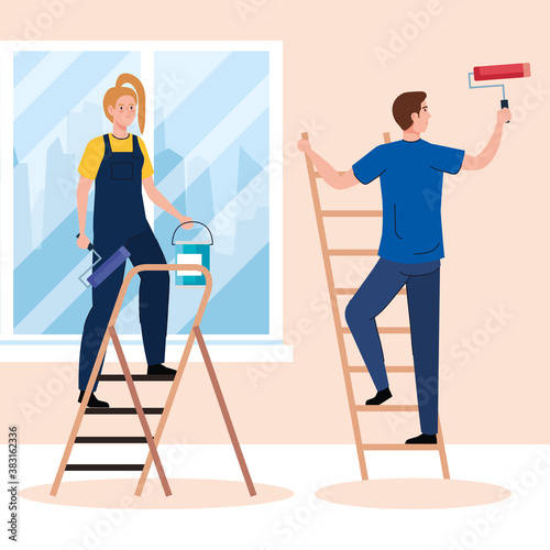 woman and man cartoons painting with roll bucket and ladders design of remodeling construction working and repairing theme Vector illustration