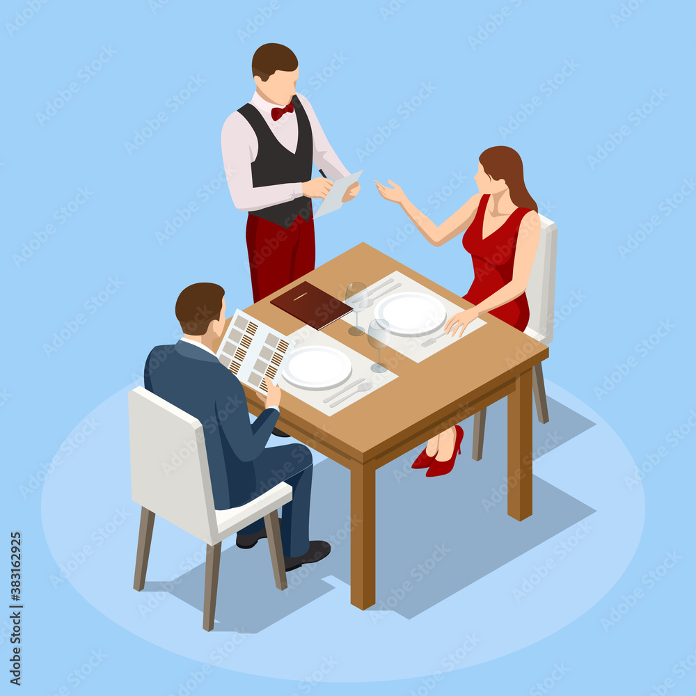 Dinner In Restaurant. Young couple having dinner in a restaurant. Man and woman sitting at the table, the waiter takes order dishes. Isometric vector illustration Dinner In Restaurant. Young couple having dinner in a restaurant. Man and woman sitting at the table, the waiter takes order dishes. Isometric vector illustration