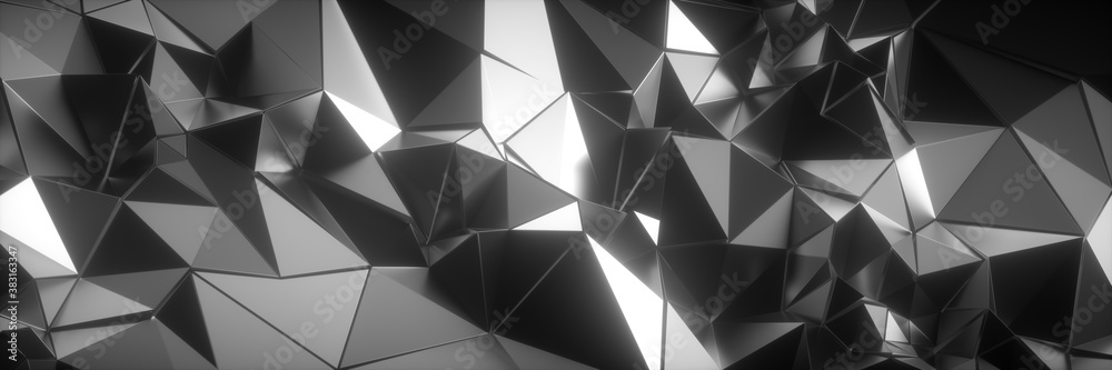 3d render. Horizontal panoramic crystallized background. Abstract futuristic crystal texture, geometric polygonal metallic structure 3d render. Horizontal panoramic crystallized background. Abstract futuristic crystal texture, geometric polygonal metallic structure