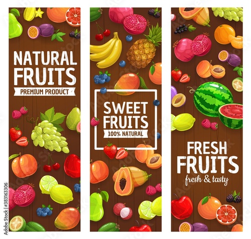 Natural farm fruits and berries banners. Grape, lemon and pomegranate, feijoa, papaya and watermelon, pineapple, grapefruit and strawberry, cherry, bilberry and raspberry vector. Fruits market poster