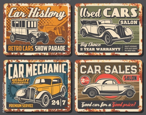 Rare vintage cars and retro vehicles rusty metal plates. Antique automobile, classic convertible sedan and coupe. Cars history museum parade, used vehicles salon and repair service mechanic banners
