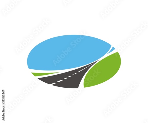 Road, pathway, highway vector icon. Tapering paved road running through green fields with blue sky isolated on white background. Travel or transportation service design element, two lane driveway sign