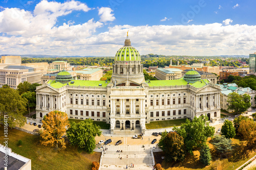 Drone view of the Pennsylvania State Capitol, in Harrisburg. The Pennsylvania State Capitol is the seat of government for the U.S. state of Pennsylvania photo