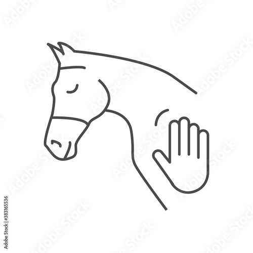 Icon of horse head and human hand touch. Concept for hippotherapy, horse therapy or healing. Physiotherapy for horses. Natural horsemanship. Equine Acupuncture. Vector illustration isolated on white.