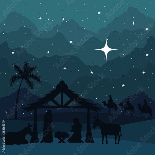 nativity mary joseph baby and wise men on green background design, merry christmas theme Vector illustration