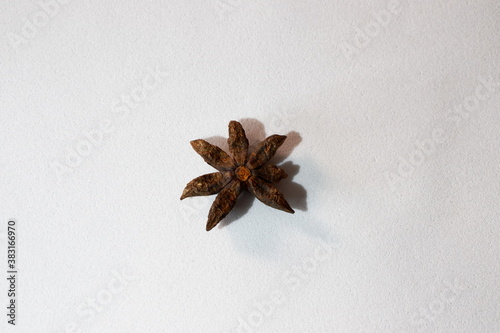 a single dry star anise flower arranged on a white background..