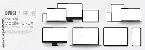Laptop screen and smartphone. Screen computer monitor. Technology concept. Set of Device Mock up Separate Groups and Layers.  For use in mockups and presentations. Vector illustration photo