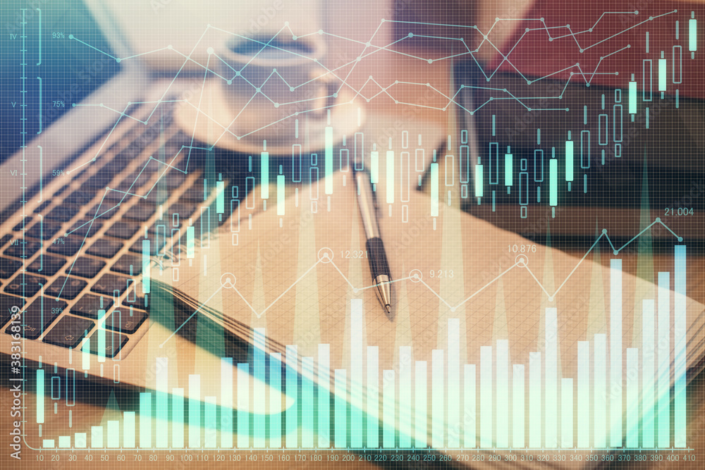 Fototapeta premium Double exposure of forex chart drawing and desktop with coffee and items on table background. Concept of financial market trading