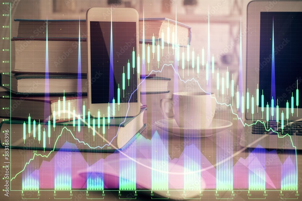 Double exposure of financial graph drawing and cell phone background. Concept of forex trading