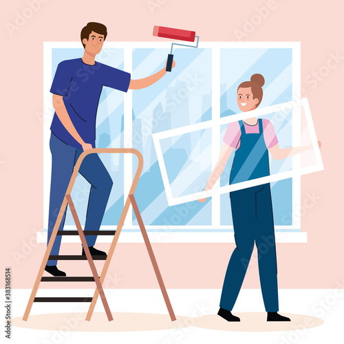 woman and man cartoons painting with roll and ladder design of remodeling construction working and repairing theme Vector illustration