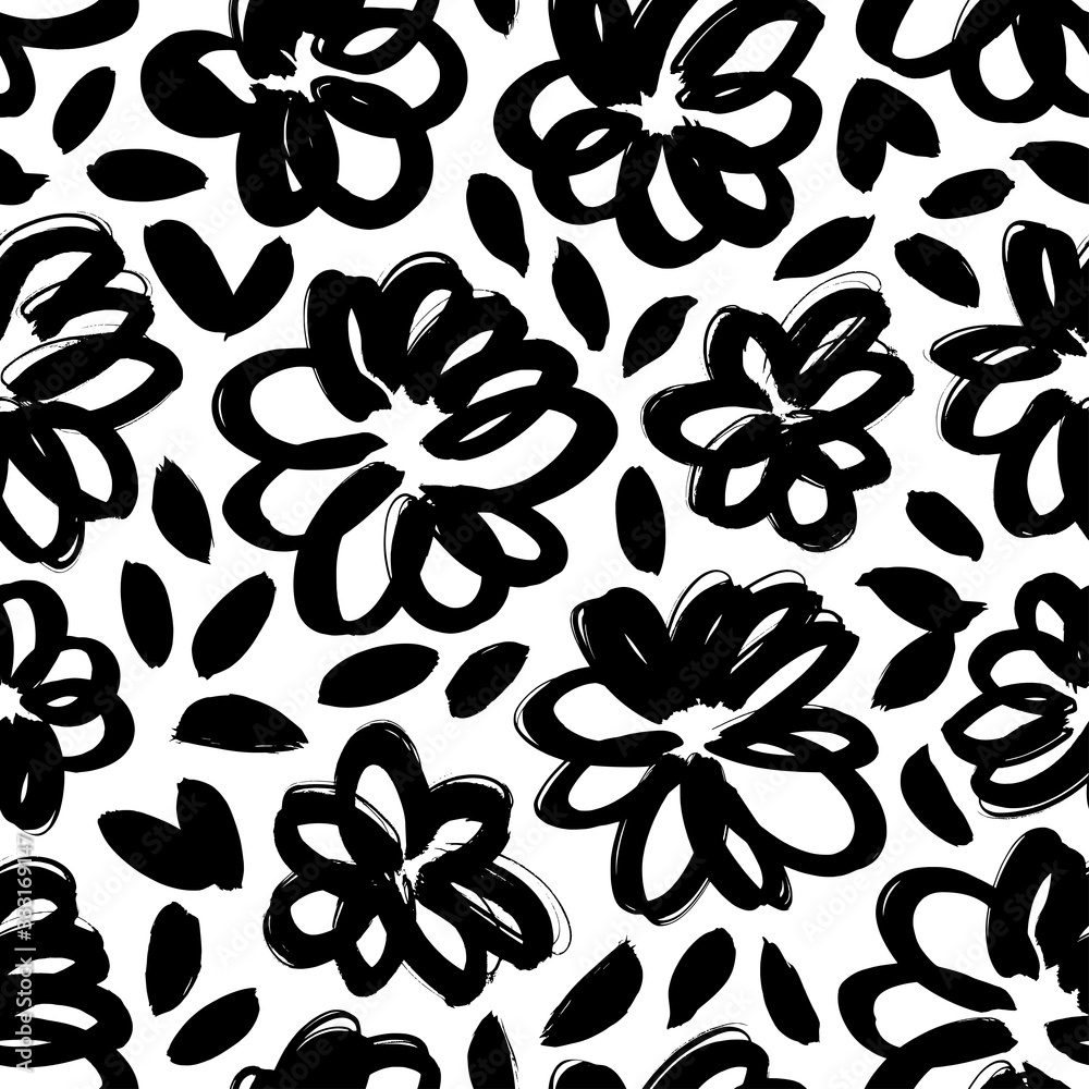 Brush black abstract leaves and flowers vector seamless pattern. Hand drawn black paint ink illustration with abstract floral motif. Outline daisy painting for your fabric, wrapping paper, wallpaper Brush black abstract leaves and flowers vector seamless pattern. Hand drawn black paint ink illustration with abstract floral motif. Outline daisy painting for your fabric, wrapping paper, wallpaper