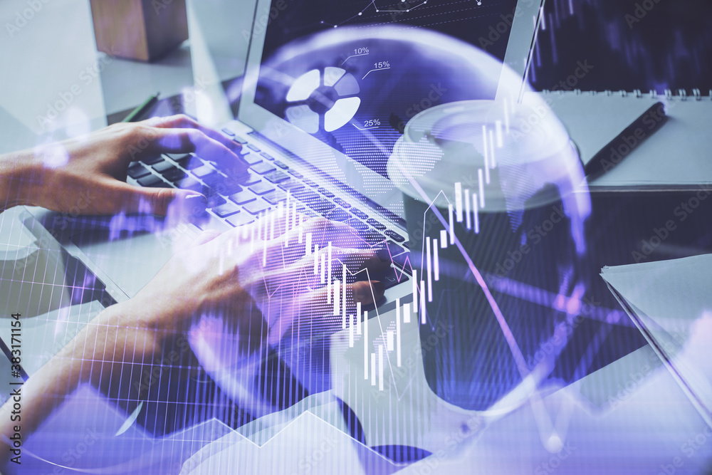 Double exposure of woman hands typing on computer and forex chart hologram drawing. Stock market invest concept.