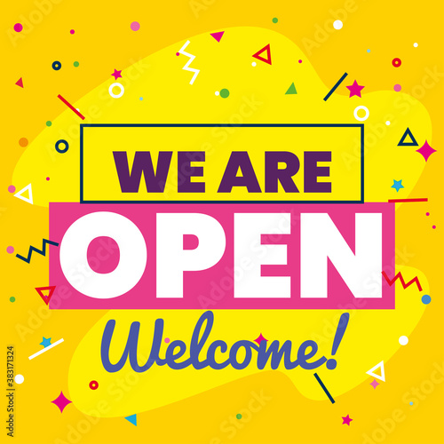 banner, lettering we are open welcome on yellow background vector illustration design