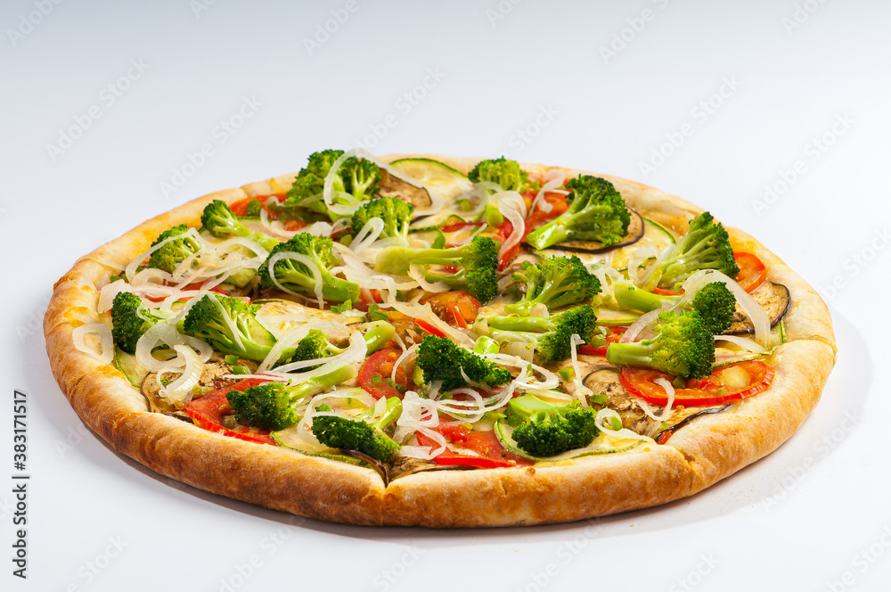 Vegetarian Pizza, with tomato sauce, broccoli, tomatoes, zucchini, eggplant and onion rings