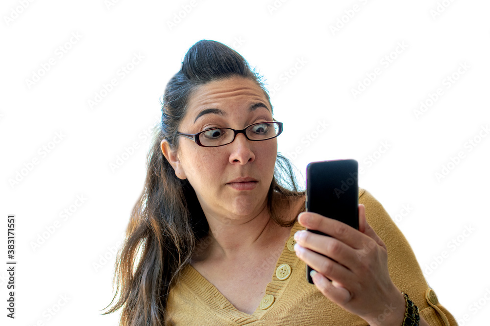 shocked woman looking at a photo on her mobile smart phone shocked woman looking at a photo on her mobile smart phone