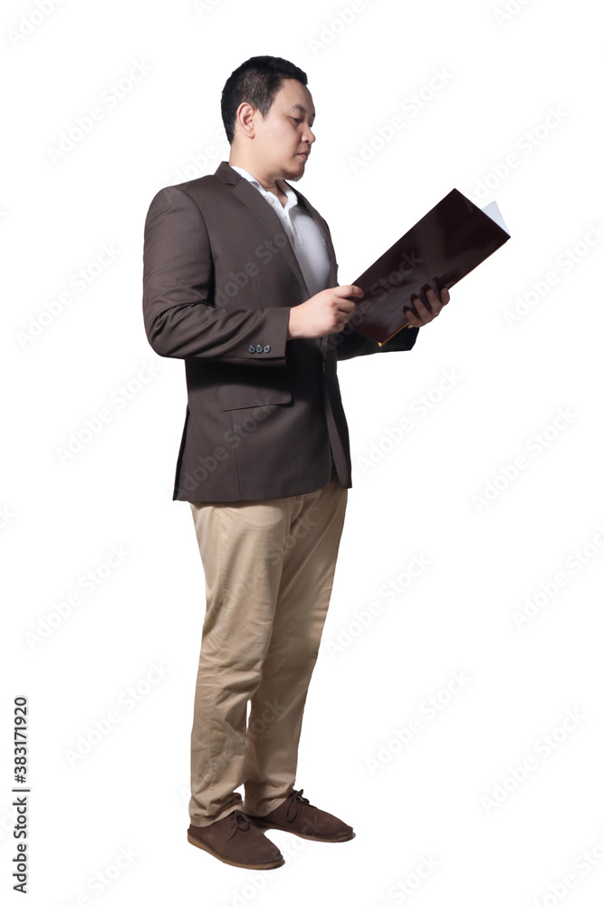 Male Asian businessman standing and holding document paper, full body length portrait isolated on white