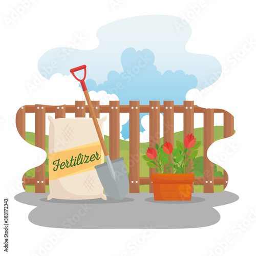 Gardening fertilizer bag shovel and flowers design, garden planting and nature theme Vector illustration