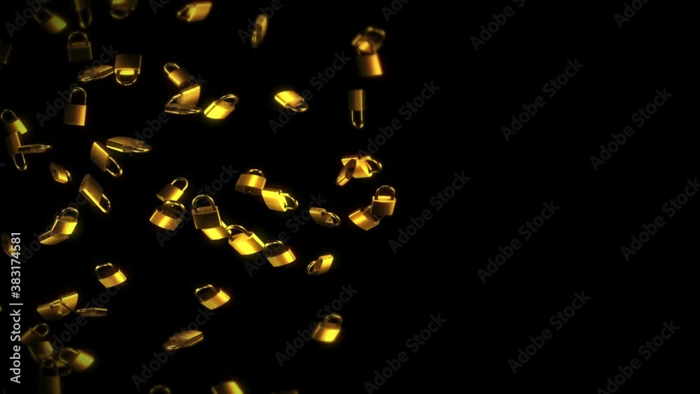 Flying many golden padlocks on black background. Security or secret protection concept. 3D animation of padlocks rotating. Loop animation. Flying many golden padlocks on black background. Security or secret protection concept. 3D animation of padlocks rotating. Loop animation.