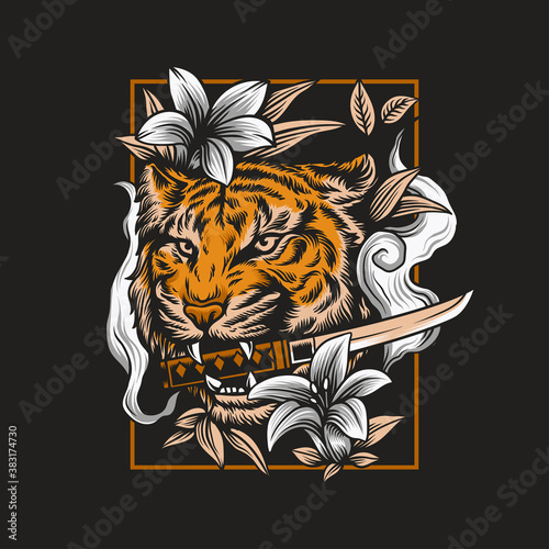 Angry tiger head illustration with katana sword 