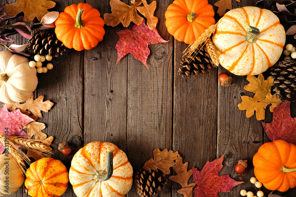 Fototapeta premium Natural fall frame of pumpkins and leaves. Above view on a rustic dark wood background with copy space.