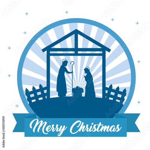 merry christmas nativity mary joseph and baby in seal stamp design, winter season and decoration theme Vector illustration