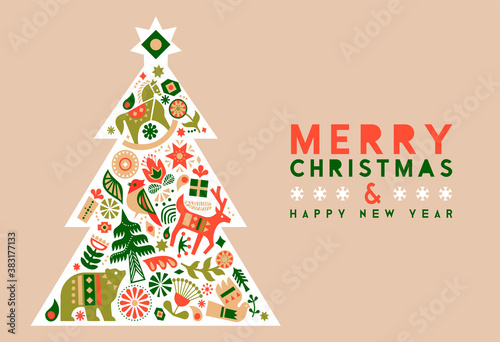 Christmas New Year retro folk icon pine tree card