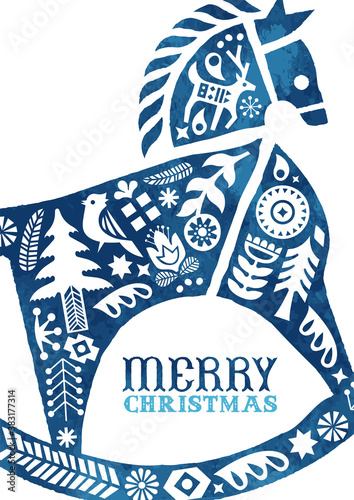 Christmas watercolor folk vintage horse toy card