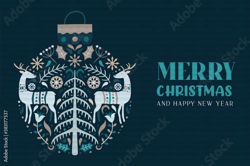 Christmas New Year folk deer pine tree icon card