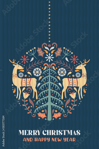 Christmas New Year nordic deer pine tree card