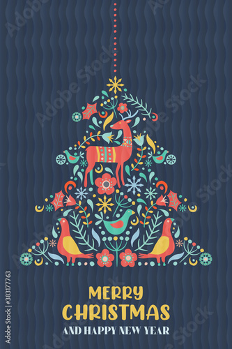 Christmas New Year vintage folk animal tree card