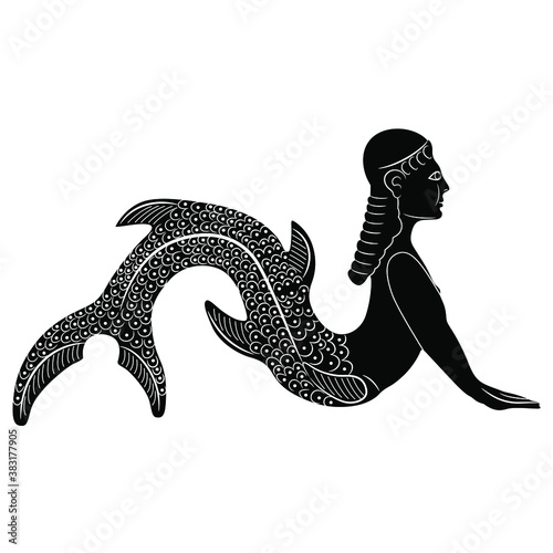 Antique mermaid or siren. Fantastic lady with fish tail. Aquatic mythological creature. Black and white silhouette. photo