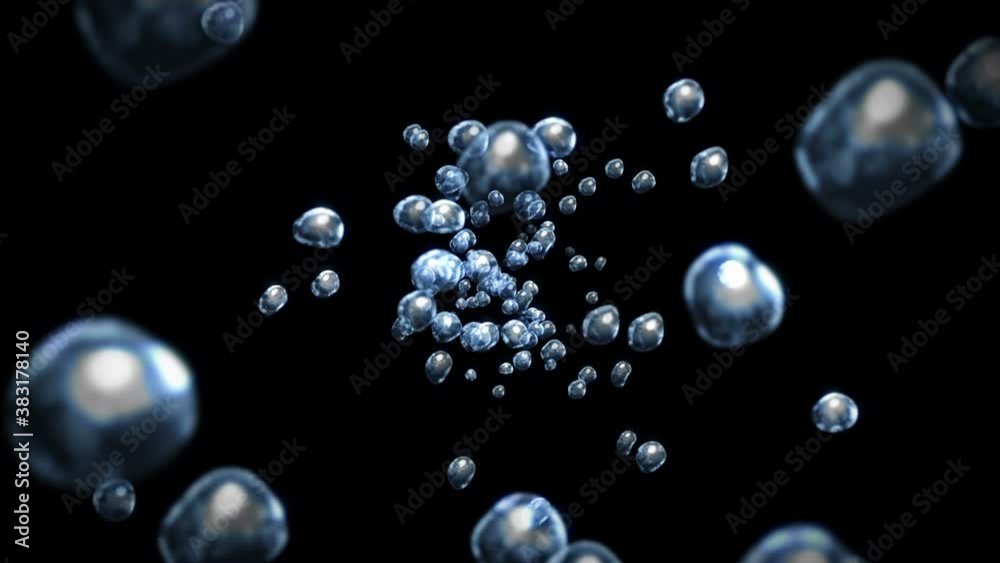 Flying many water drops on black background. Pure droplets. Transparent surface. 3D animation of air bubbles rotating. Loop animation. Flying many water drops on black background. Pure droplets. Transparent surface. 3D animation of air bubbles rotating. Loop animation.