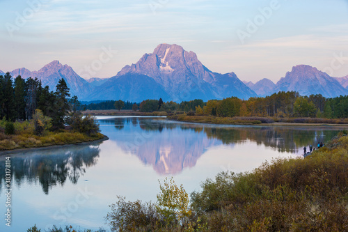 Landscape view of the sunrise in Grand Teton National Park as seen from Oxbow Bend (Wyoming). photo