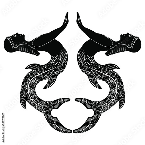 Symmetrical decor with two antique mermaids or sirens. Fantastic lady with fish tail. Black and white silhouette.