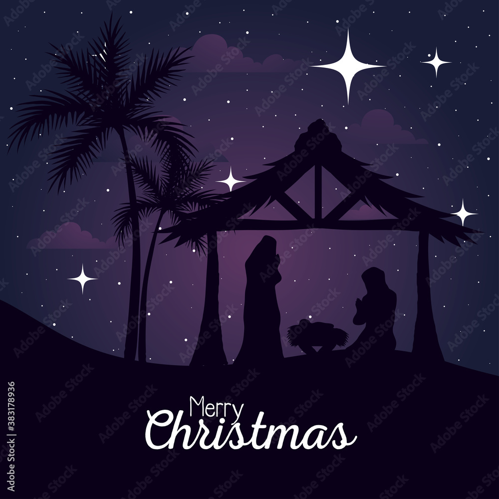 merry christmas and nativity mary joseph and baby in hut on purple background design, winter celebration theme Vector illustration merry christmas and nativity mary joseph and baby in hut on purple background design, winter celebration theme Vector illustration