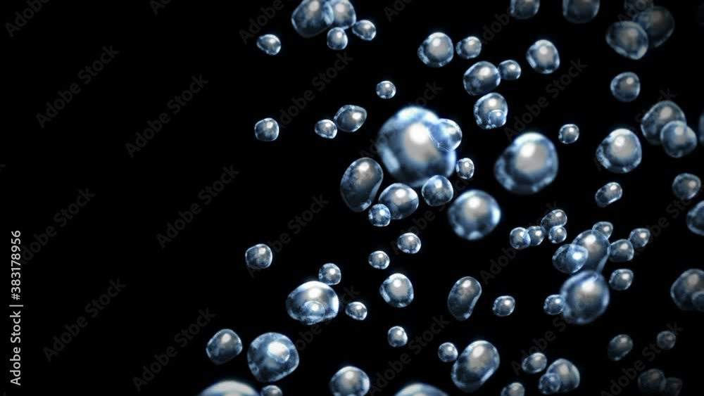 Flying many water drops on black background. Pure droplets. Transparent surface. 3D animation of air bubbles rotating. Loop animation.