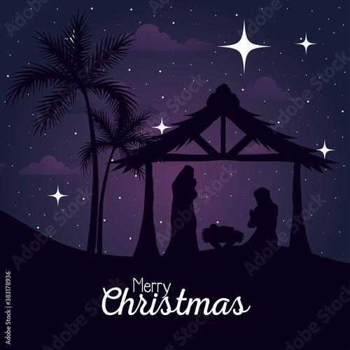 merry christmas and nativity mary joseph and baby in hut on purple background design, winter celebration theme Vector illustration