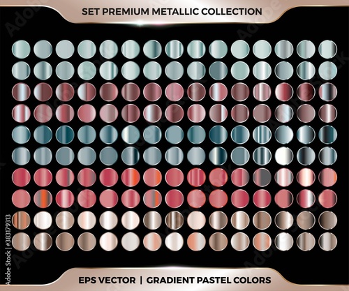 Trendy colorful gradient rose gold, red, green, brown combination mega set collection of metal pastel palettes for border frame ribbon cover label templates