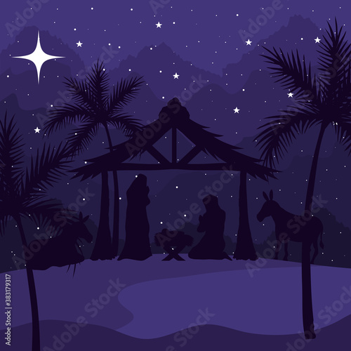 nativity mary joseph baby and donkeys on purple background design, merry christmas theme Vector illustration
