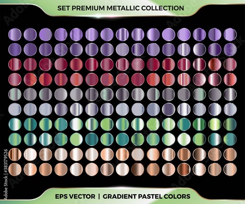 Trendy colorful gradient purple, maroon, silver, green, gold combination mega set collection of metal pastel palettes for border frame ribbon cover label templates