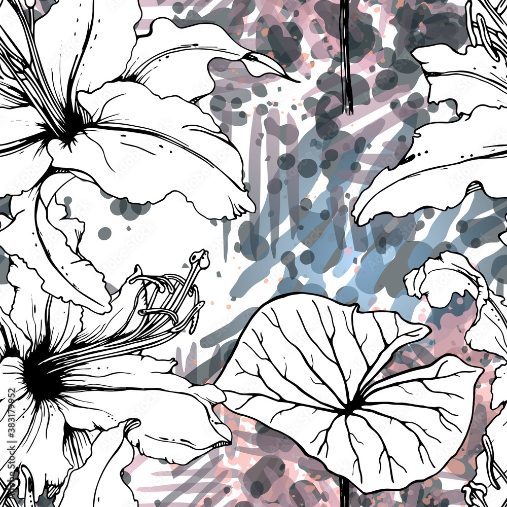 Fototapeta premium Floral Black White Pattern. Modern Watercolor