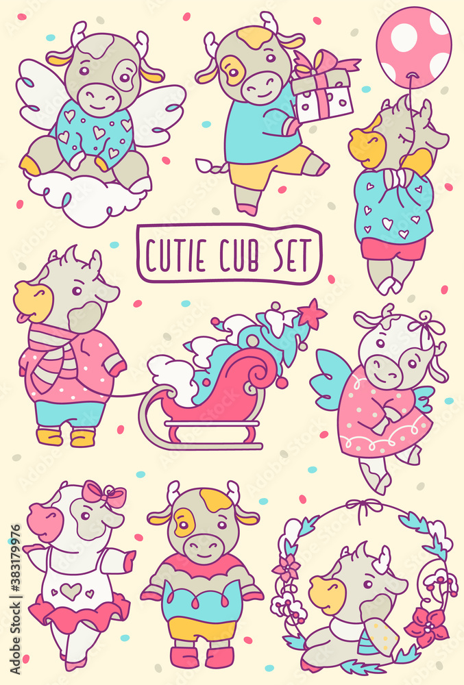 New year set of character bull, cute cows, and a Christmas tree in a sleigh. Vector Isolated kit for DIY, stickers, decoration, templates, Christmas card. New year set of character bull, cute cows, and a Christmas tree in a sleigh. Vector Isolated kit for DIY, stickers, decoration, templates, Christmas card.