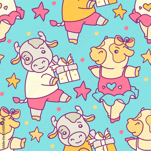 New Year Seamless pattern with the cute silver bull and а cow. Printable background or endless decoration for web wallpaper.