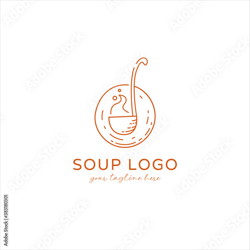 Soto soup logo with soup ladle paddle icon symbol in monoline vintage style vector