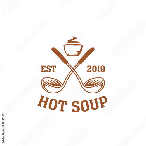 Vintage hot soto soup logo with crossed soup paddle ladle and big hot bowl illustration icon