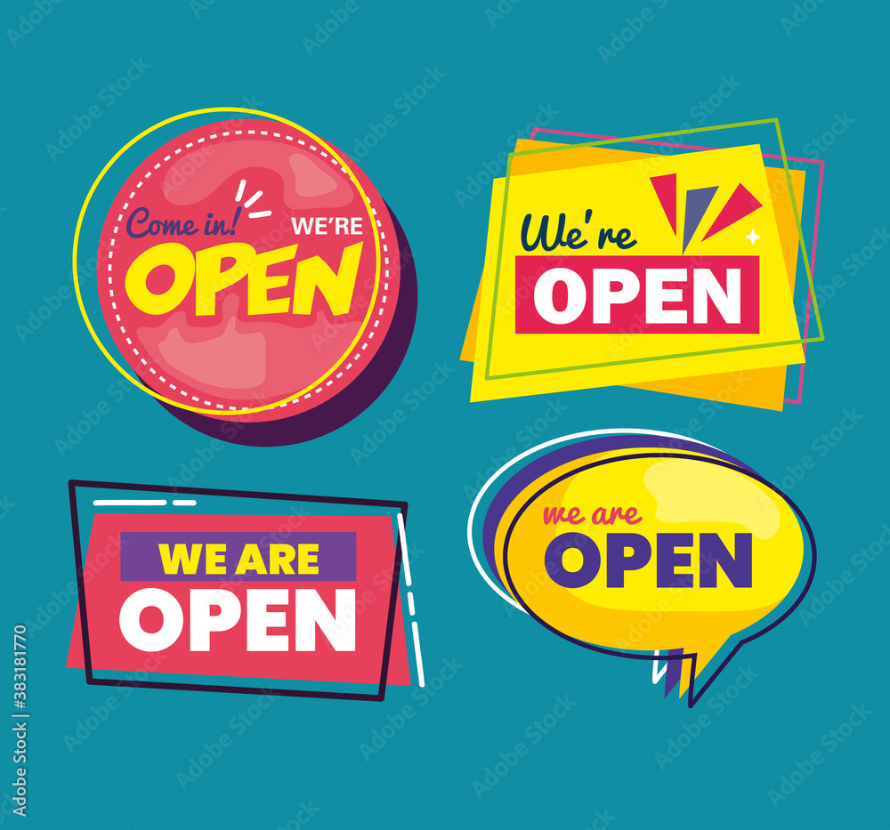 set banners of lettering we are open on blue background vector illustration design