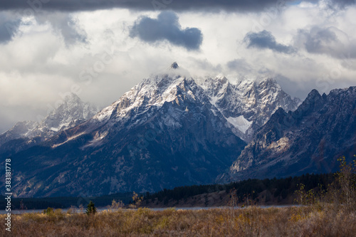 Landscape view of clouds passing over the Grand Teton mountain range in Grand Teton National Park (Wyoming). © Patrick