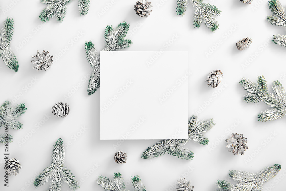 Evergreen tree branch with snow and pine cones. Horizontal composition, flat lay, top view. Snow forest creative minimal layout. White paper blank