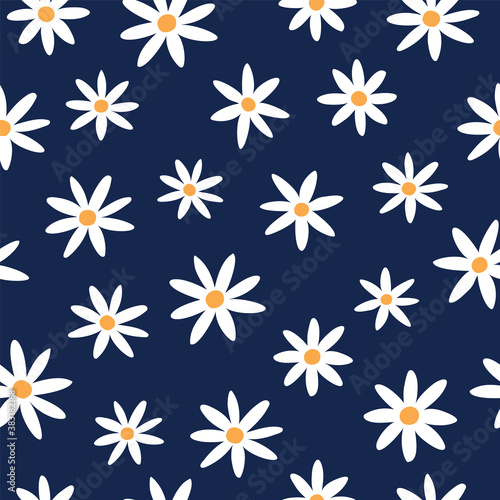 seamless pattern with doodle white daisies on navy blue background, vector illustration