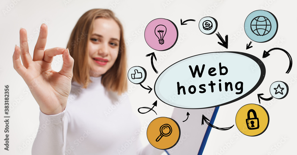 Business, technology, internet and network concept. Young businessman thinks over the steps for successful growth: Web hosting Business, technology, internet and network concept. Young businessman thinks over the steps for successful growth: Web hosting